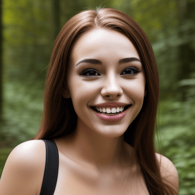 AI generated: advertising photo of a girl where she puts on silicone veneers in nature
