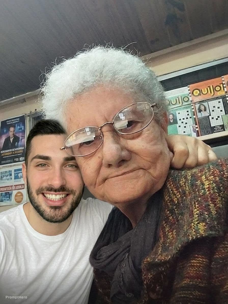 AI generated: Replace the lady from the first picture standing on the left side with the man in the second picture...