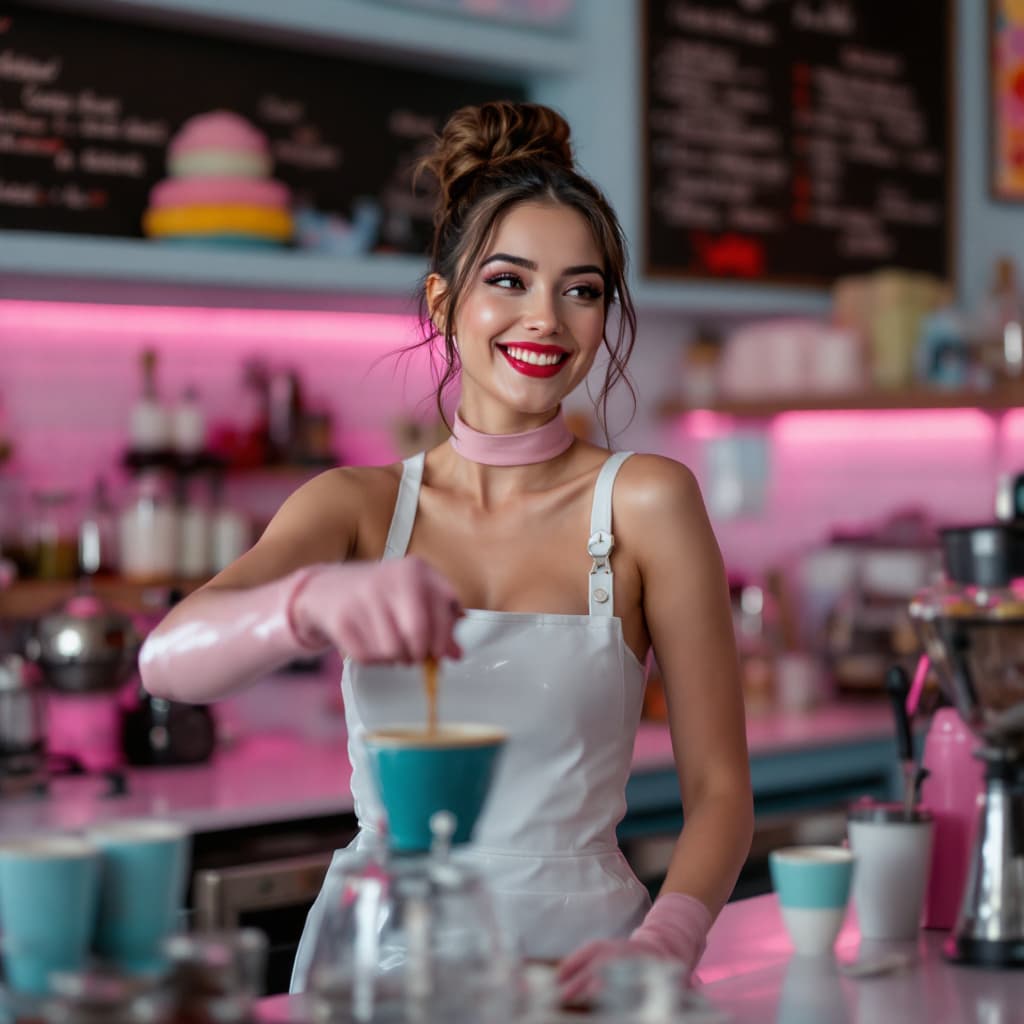 AI generated: A barista in a latex uniform, playfully pouring coffee, her smile inviting as she interacts with cus...