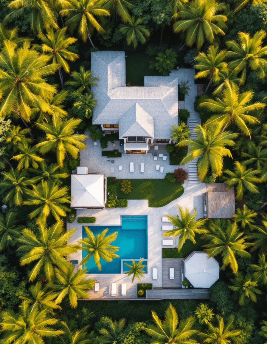 AI generated: An aerial view of a tropical seaside luxurious beach house, surrounded by lush palm trees and dense ...