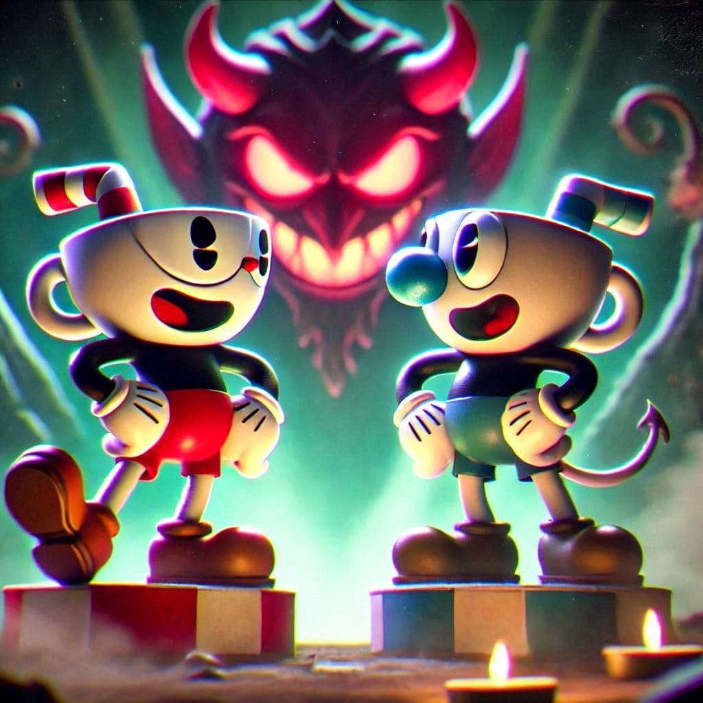 AI generated: villano de cuphead vs el diablo gameplay 3d render, fondo desenfocado, animacion estilo betty boop,