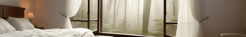 AI generated: This is a photograph of a beautifully decorated bedroom with a window wall having a view of a dense ...