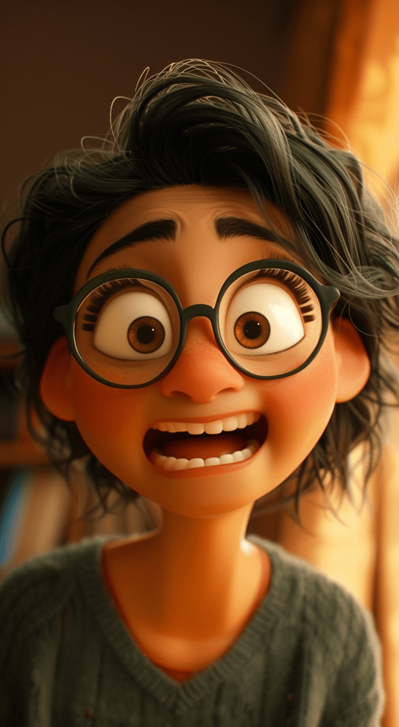 AI generated: young woman, in style of Pixar, joyful expression --ar 35:64