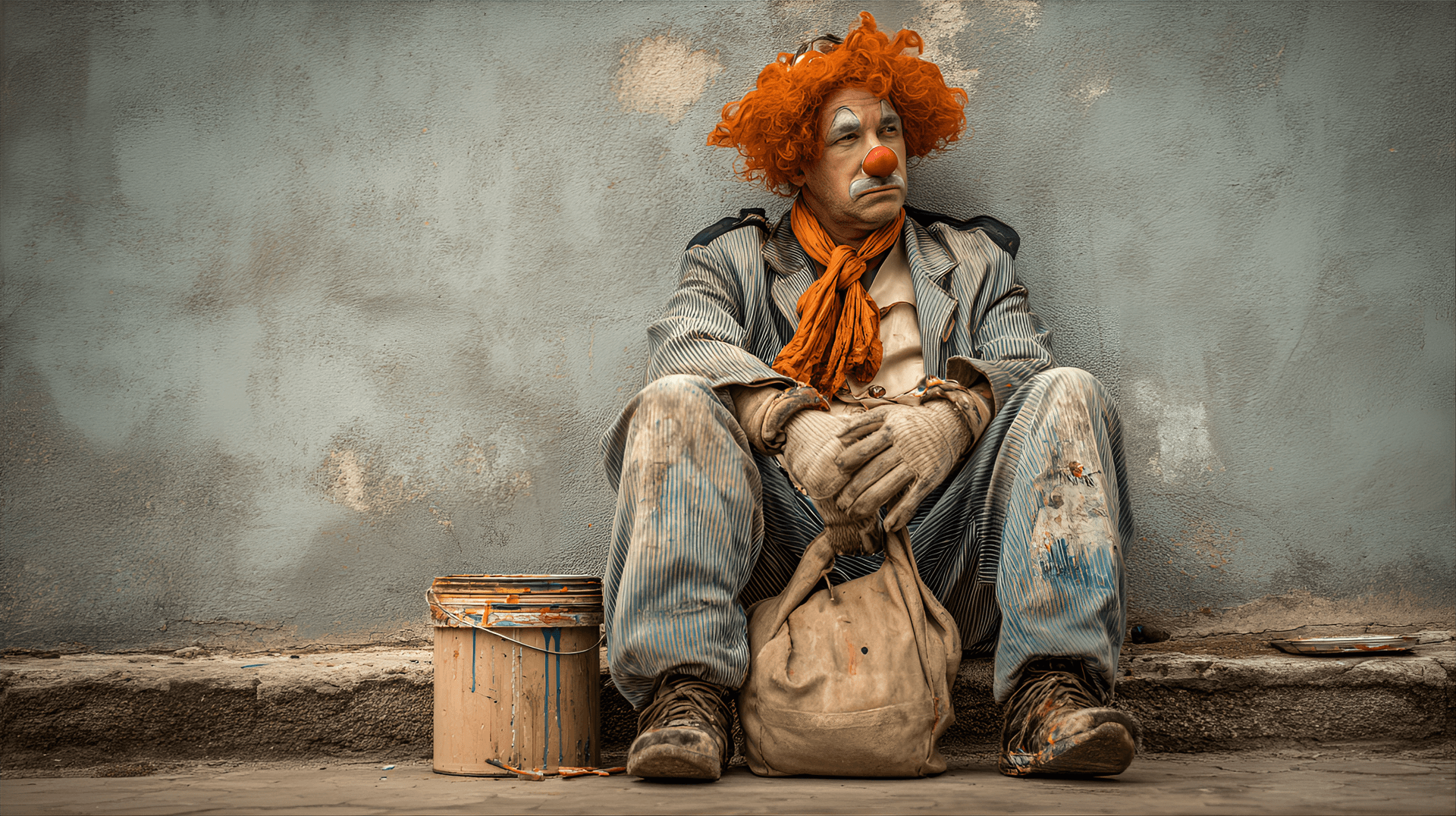 AI generated: middle-aged, light-skinned man, dressed as a disheveled clown, sits slumped against a weathered, mut...