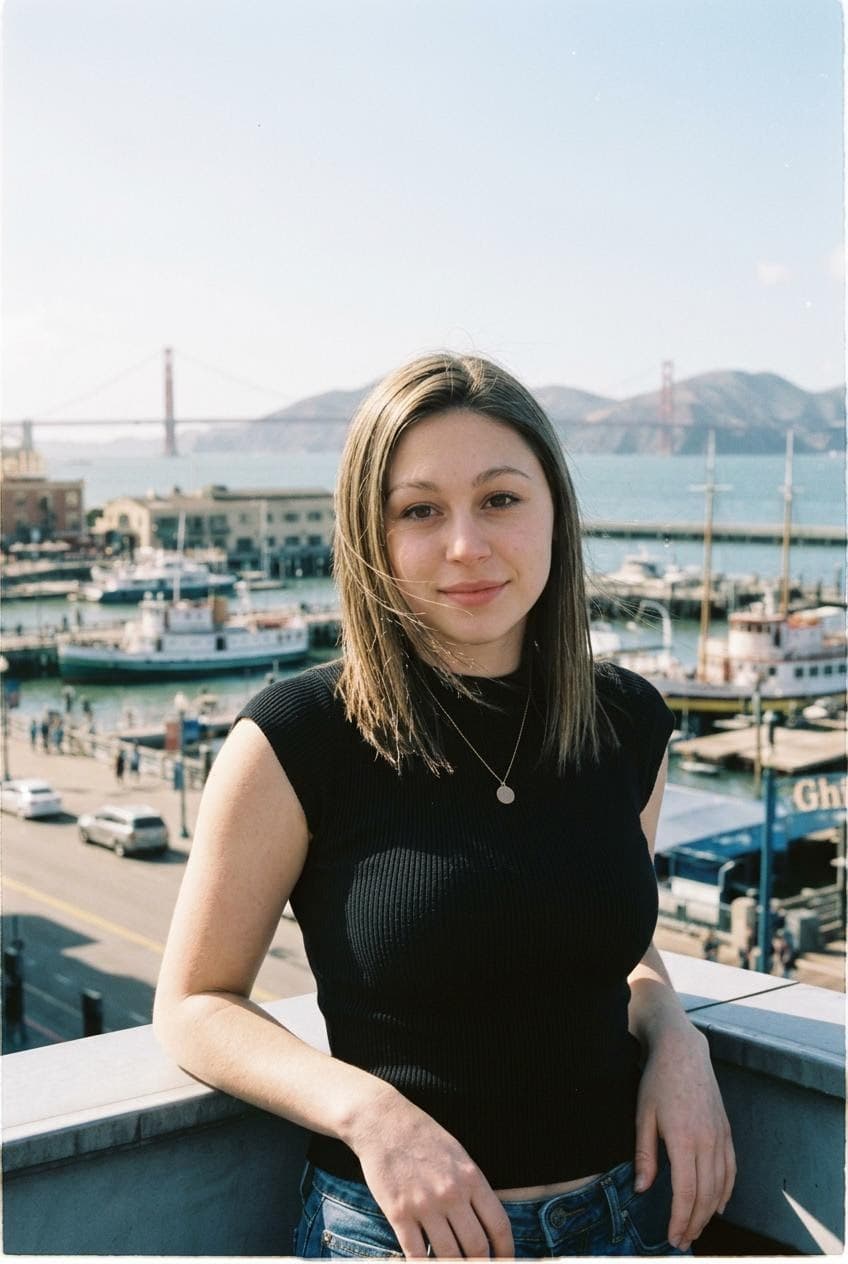 AI generated: negative film aesthetic, soft natural sunlight, body relaxed, slight wind moving hair and clothes, l...