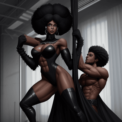 AI generated: a 6 foot tall fit black girl  with abs and an afro,  hairstyle wearing a dark villainess costume she...