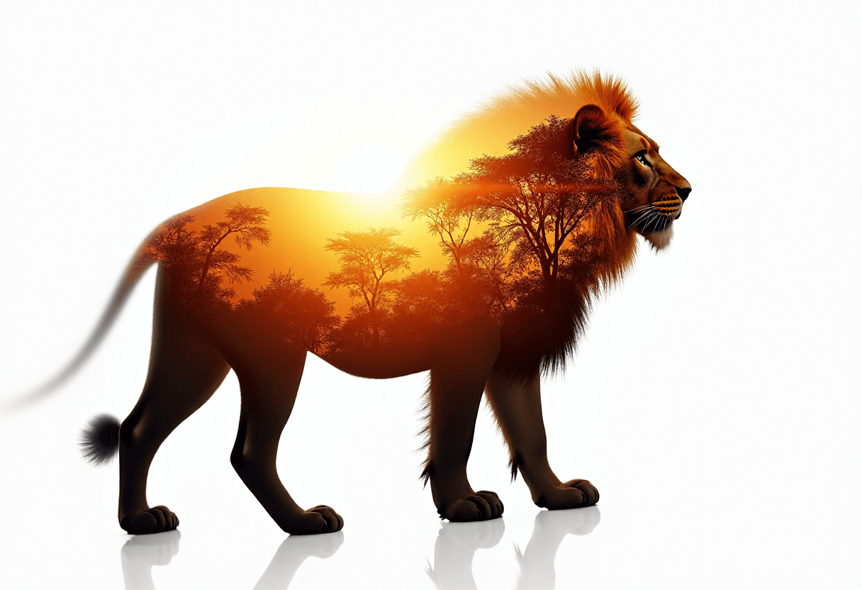AI generated: An exquisite 8K Ultra HD double exposure image, featuring a majestic lion silhouette seamlessly blen...