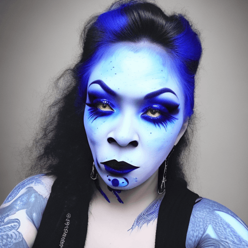 AI generated: A woman with blue skin wearinh black lipstick and heavy eyeliner