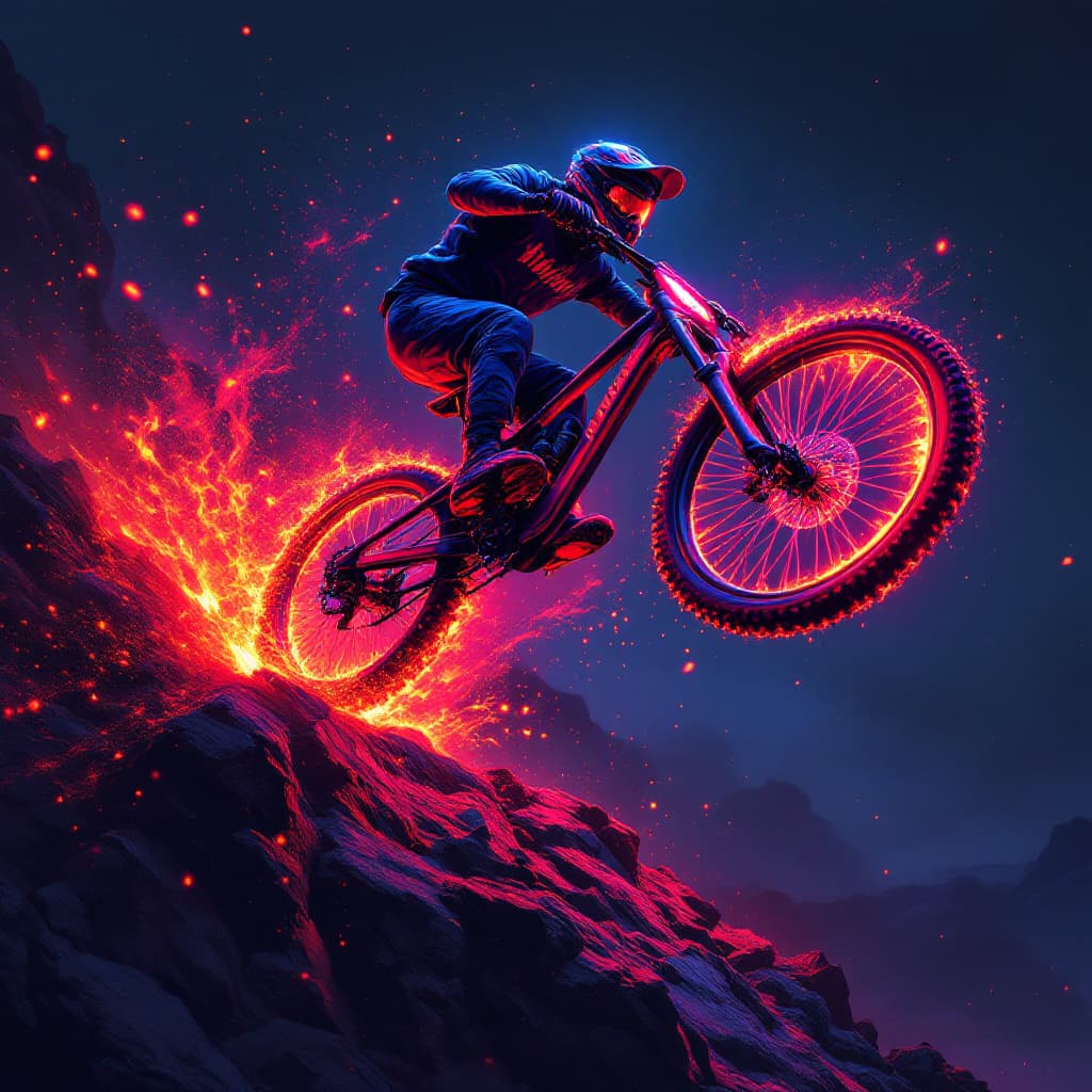 AI generated: A furious anime style red-blazing full suspension mountain bike with rider jumping off a cliff, domi...