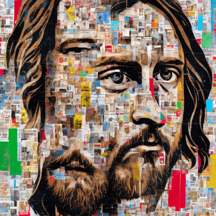 AI generated: Jesus Christ, in the style of multi-layered collages, edgy street art, celebrity-portraits, cardboar...