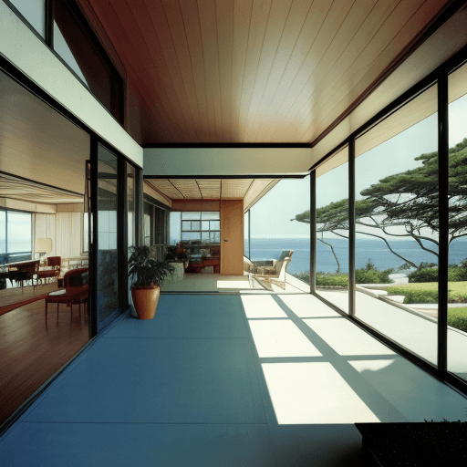 AI generated: Hyper realistic eye level exterior photo of a mid century modern style house overlooking the ocean, ...