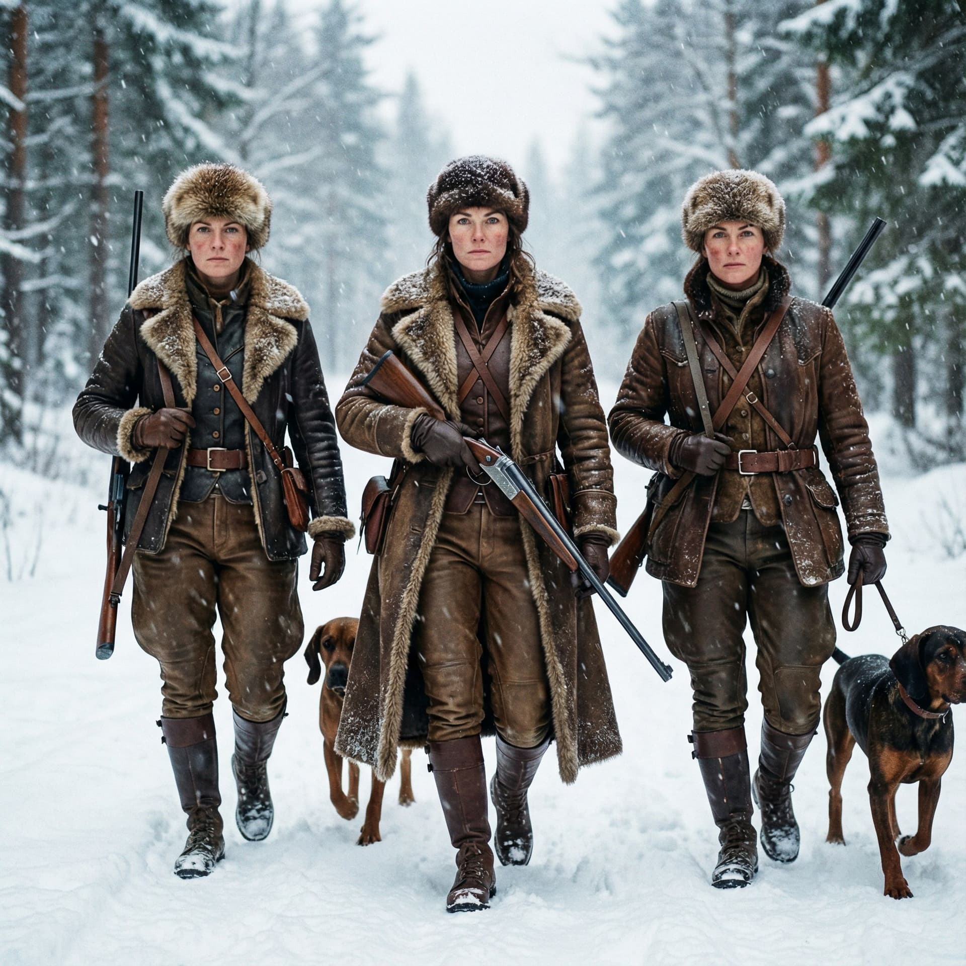 AI generated: 3 Dominante  Jägerinnen ganz in Leder, Lederbrechess, auf der Jagd gerinnen ganz in Leder, tiefer Wi...