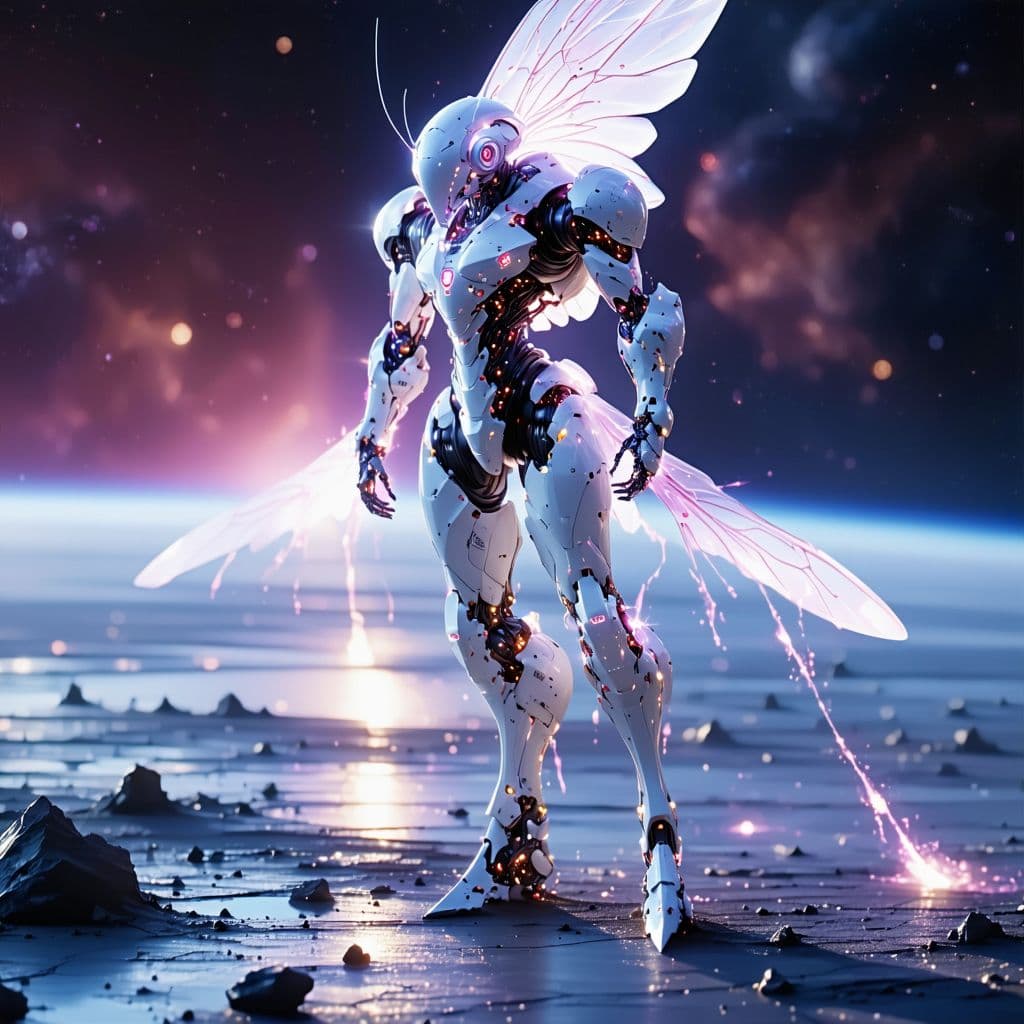 AI generated: A sleek, insectoid sci-fi mech with a slender figure, standing in a dynamic fighting pose. The armor...