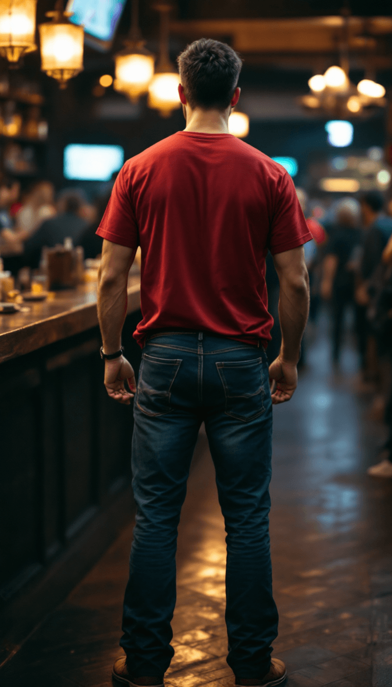 AI generated: From behind, Ultra realistic photo of a man, full body, short burst-taper dark hair, trimmed beard, ...