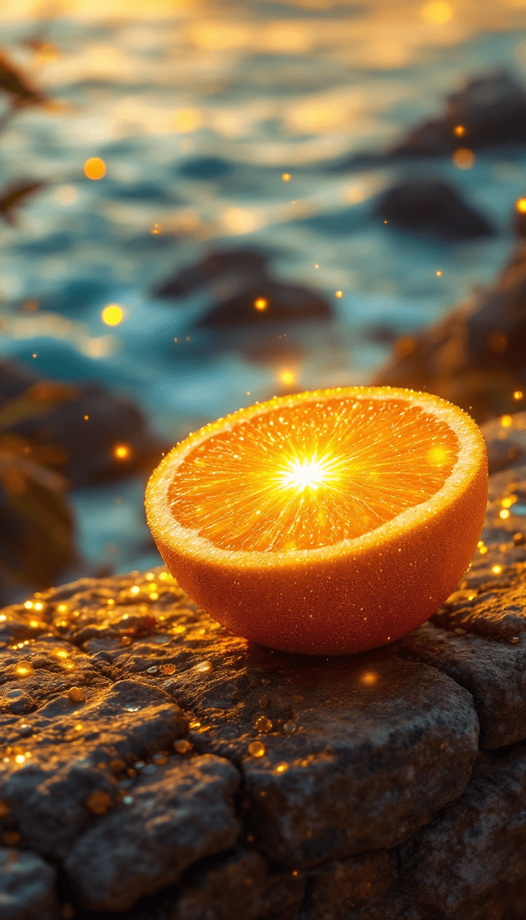 AI generated: ((a delicate big orange)), made of solid gold, sits on a stone wall overlooking a vast and beautiful...