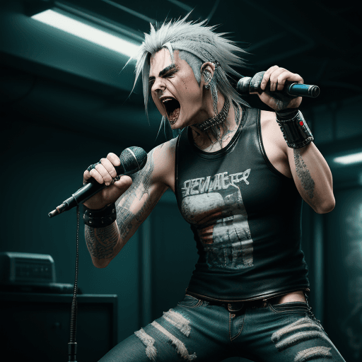 AI generated: Cyberpunk, Rockerboy, american, Metal throat, Silver haired, samurai tanktop, Leather Jeans, Screami...