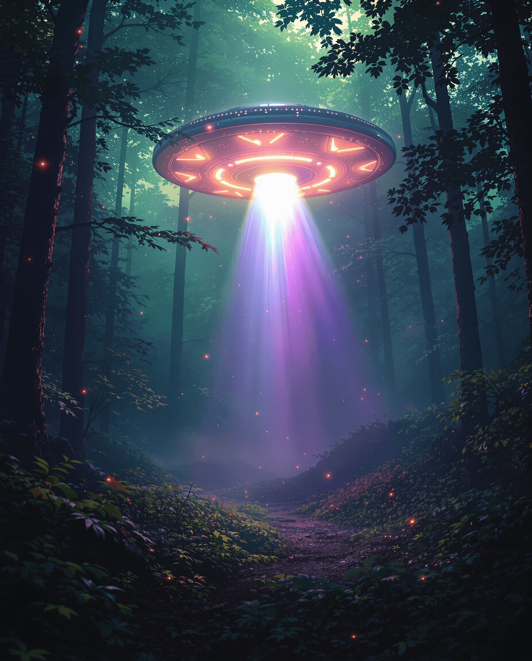 AI generated: ufo  in forest,dynamic,mystique lights,smoke,abanoned place ,glowing ,colourful,laserlight