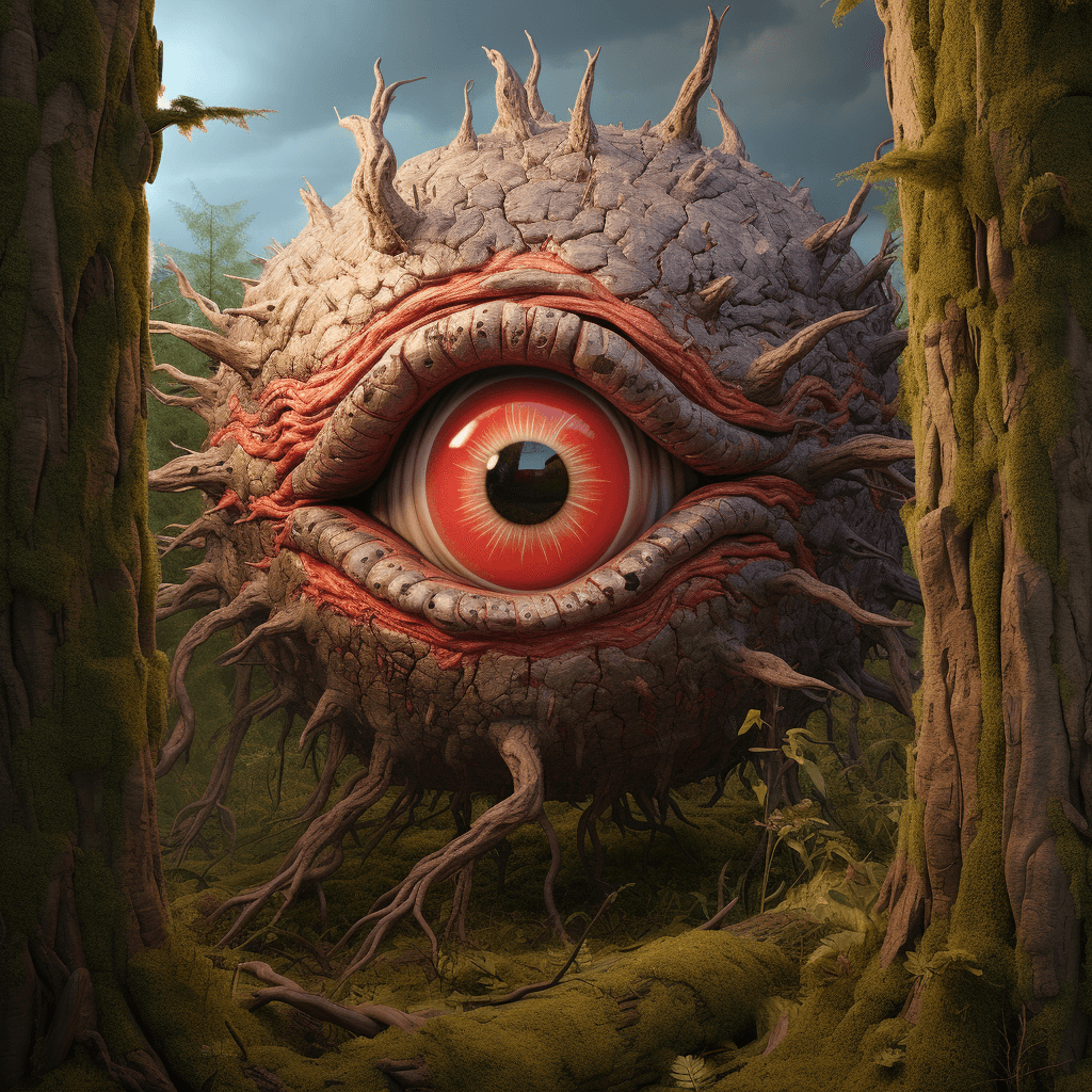 AI generated: a scary looking wood creature with a red eye, in the style of filip hodas, daz3d, sandy skoglund, na...