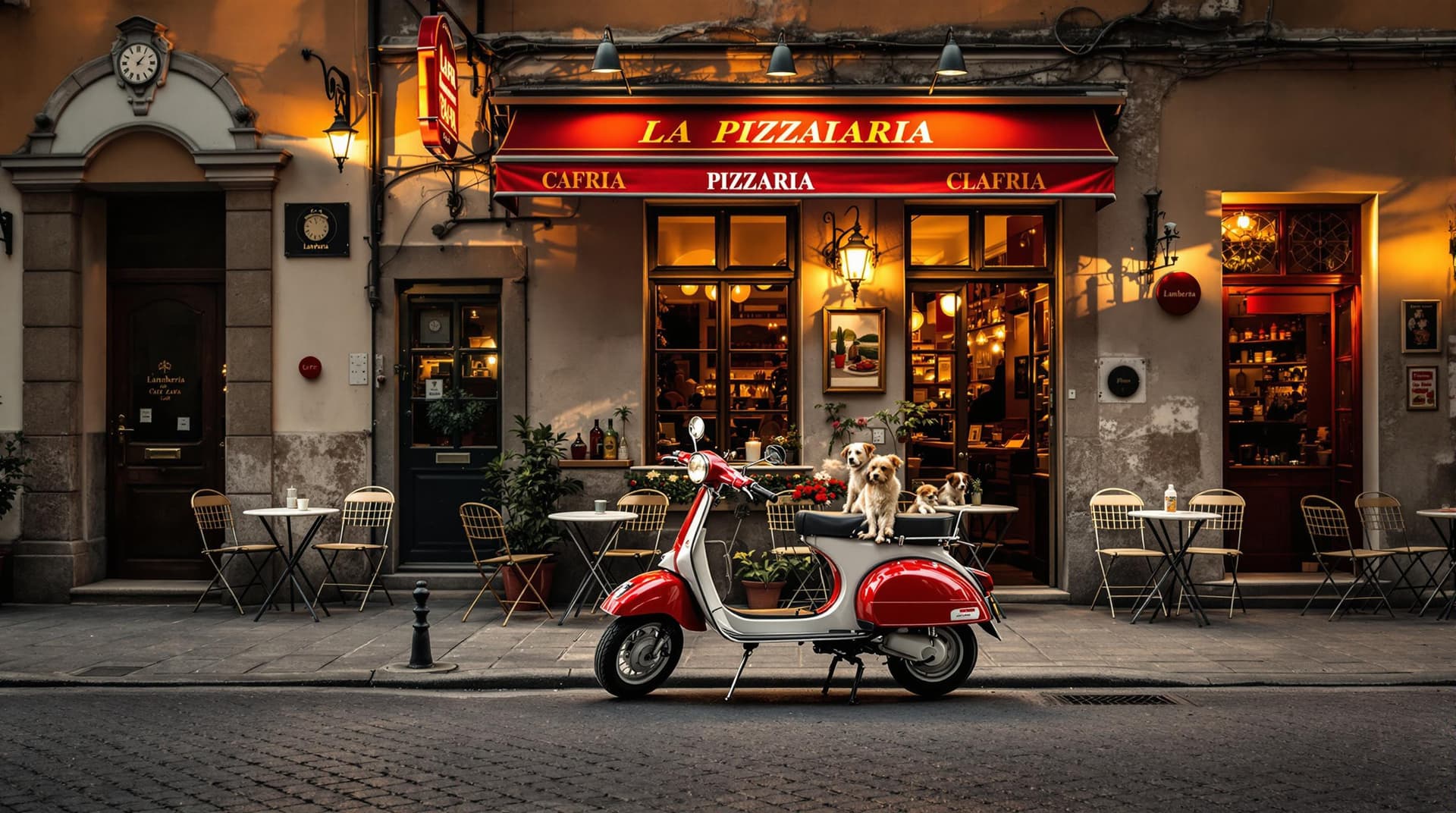 AI generated: An ulta-realistic HD photo of a  red  white and red classic Lambretta moped parked in front of an ol...