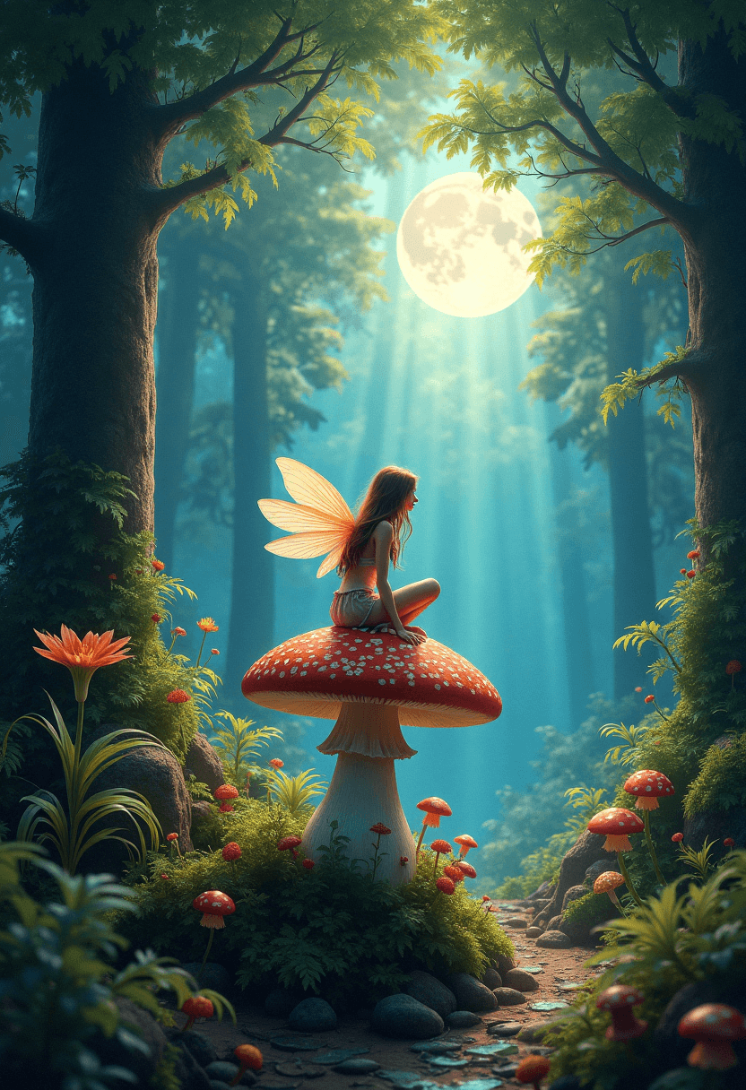 AI generated: A fairy perched on a toadstool in an English garden at mid-day, with a hidden grotto behind. Violets...