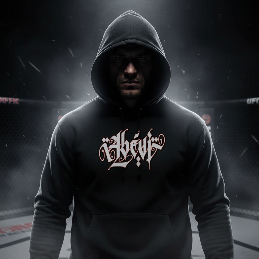 AI generated: PUT THIS LOGO ON A 3D HIGH QUALITY BLACK HOODY RENDERING WEARING BY A FIGHTER, SHADOW IN HIS FACE,  ...