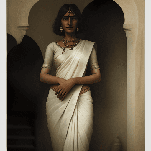 AI generated: woman in white saree, in the style of katia chausheva, photorealistic detail, gustave van de woestij...