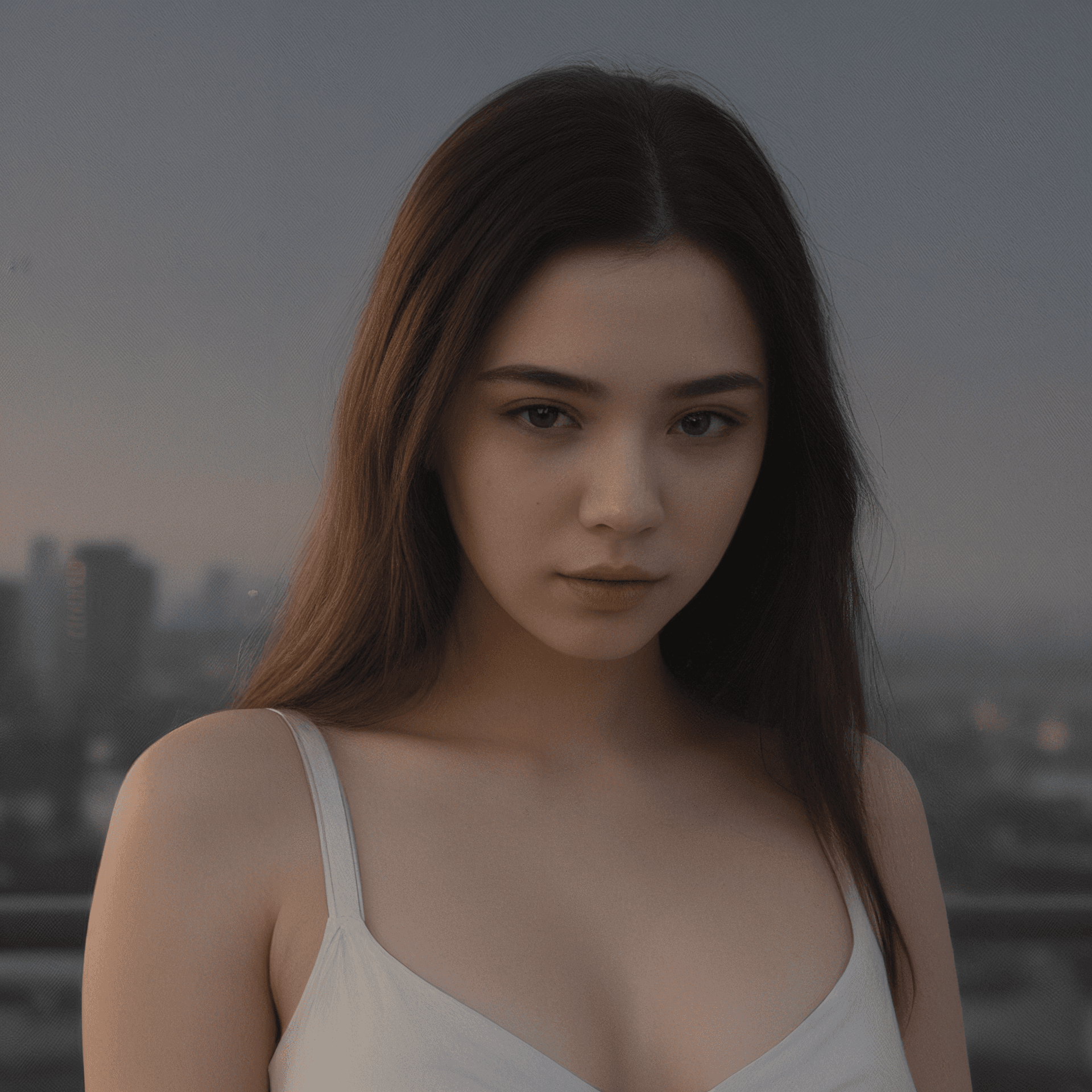 AI generated: a woman holding a gun in her hand and looking at the camera with a city in the background in the fog...