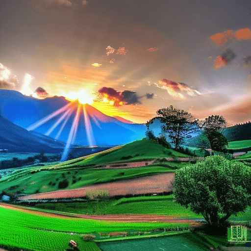 AI generated: a beautiful green landscape, stunning light, breathtaking, golden sun, promised land, mountainrange ...