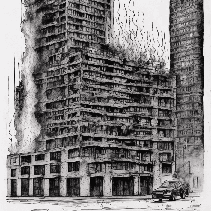 AI generated: Style of Frank Miller pen and ink, burning building 4k realistic free art with strokes 