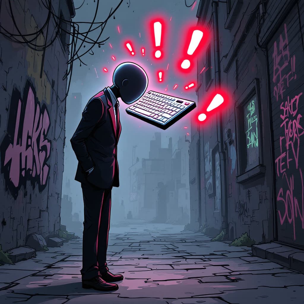 AI generated: a humanoid figure in a full-length formal suit, with curved shoulders and a computer keyboard floati...