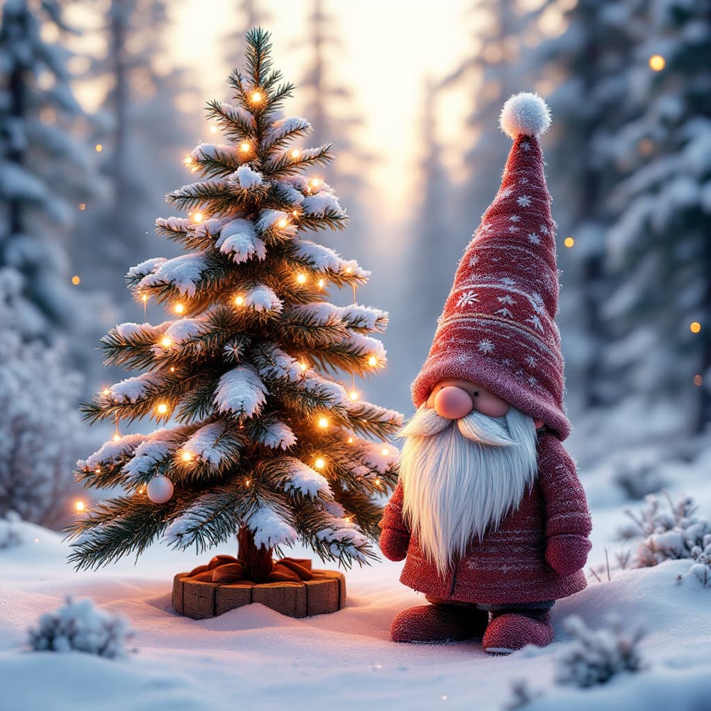 AI generated: Cgi- New Year tree, next to it Scandinavian Christmas gnome in Kaws style, glowing elements, gradien...