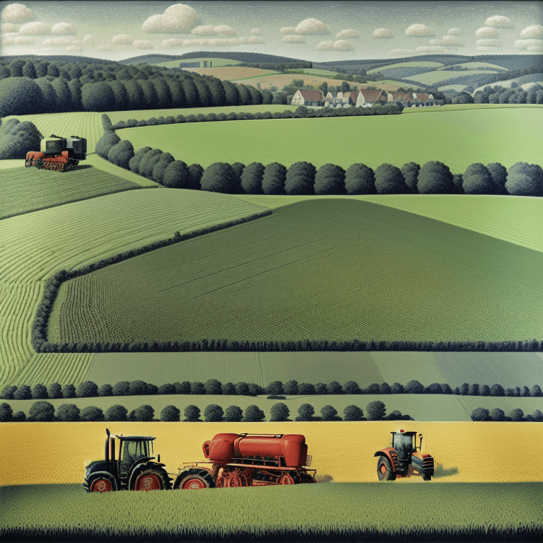 AI generated: Large tractor moving on a field with haying peasants a in Seurat style