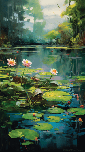 AI generated: Impressionistic painting of a serene lake with dappled sunlight and shimmering reflections around ea...