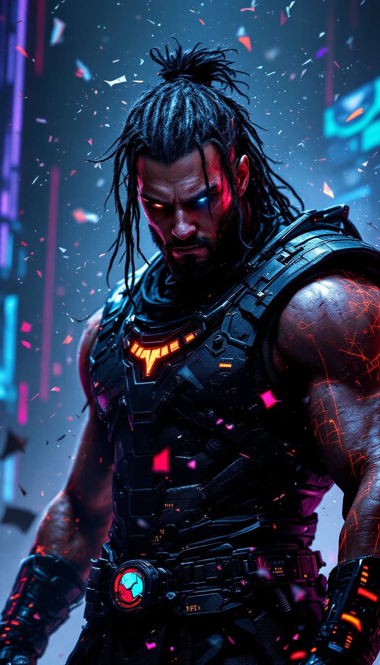 AI generated: Portrait of a futuristic cyberpunk gladiator, centered, clad in high-tech combat gear, in a neon-dre...