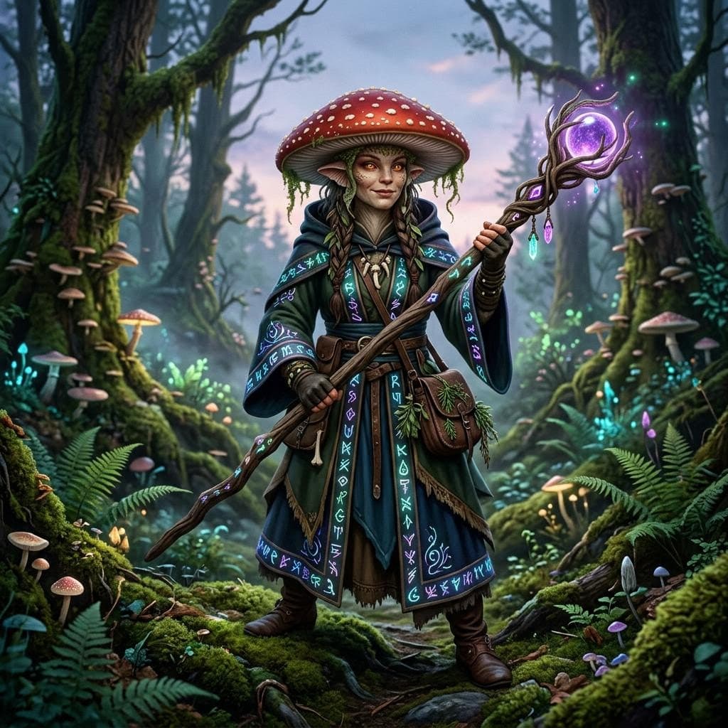 AI generated: A female mushroom person witch holding a two handed staff and wearing robes with iridescent runes st...