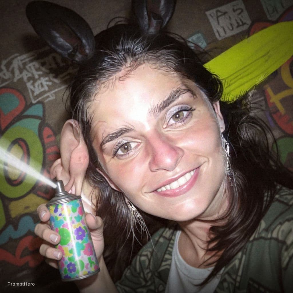 AI generated: funny caricature, woman from de photography, urban, edgy, mischievous, elongated ears and exaggerate...