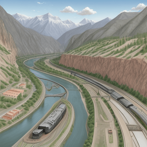AI generated: modern sketch valley with small mountains , modern factory at the river, train railway and motorway ...