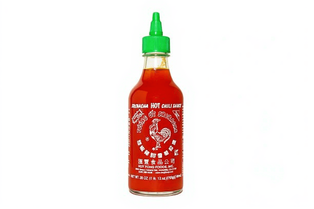 AI generated: red bottle with white letters, like sriracha sauce, with green cap. white backgroud.