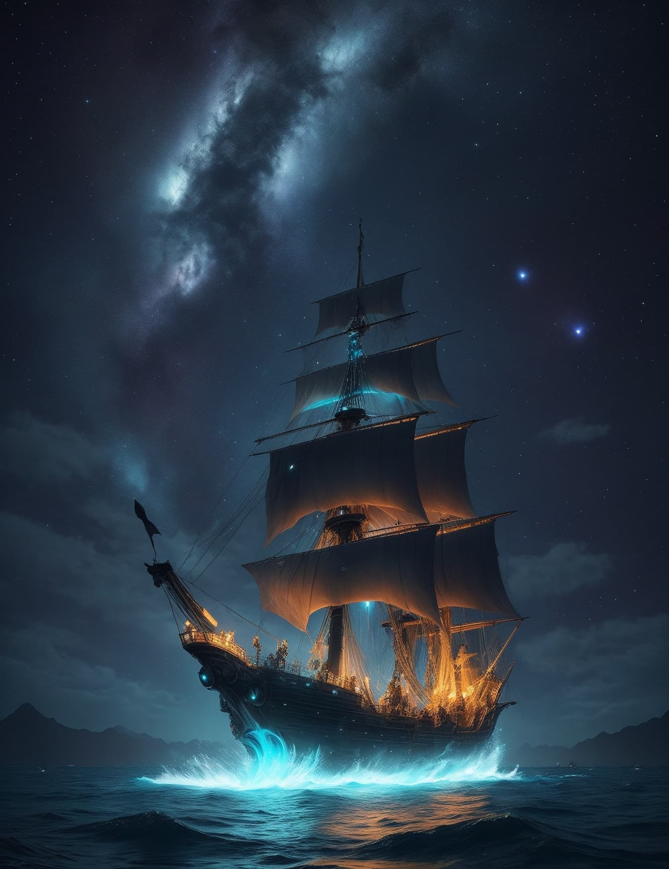 AI generated: Pirate ship sailing into a bioluminescence sea with a galaxy in the sky), epic, 4k, ultra.