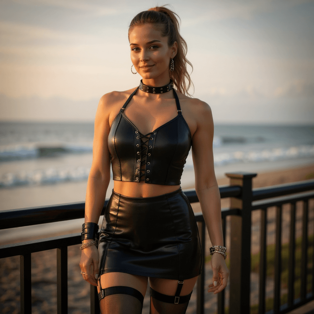 AI generated: A young woman with dark blond hair is up in ponytail. stands confidently on a seaside balcony during...