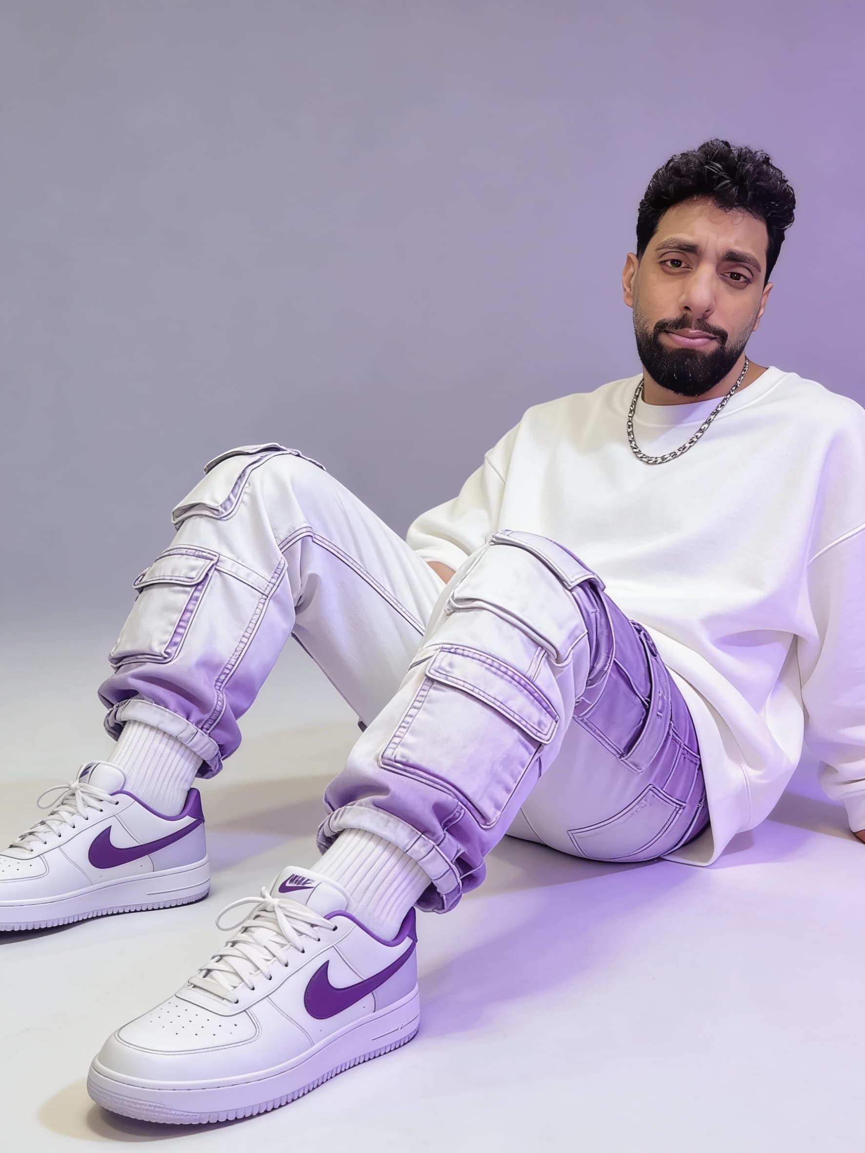 AI generated: Oversized white sweatshirt, white purple oversized combat jean, styled with footwear: white purple n...