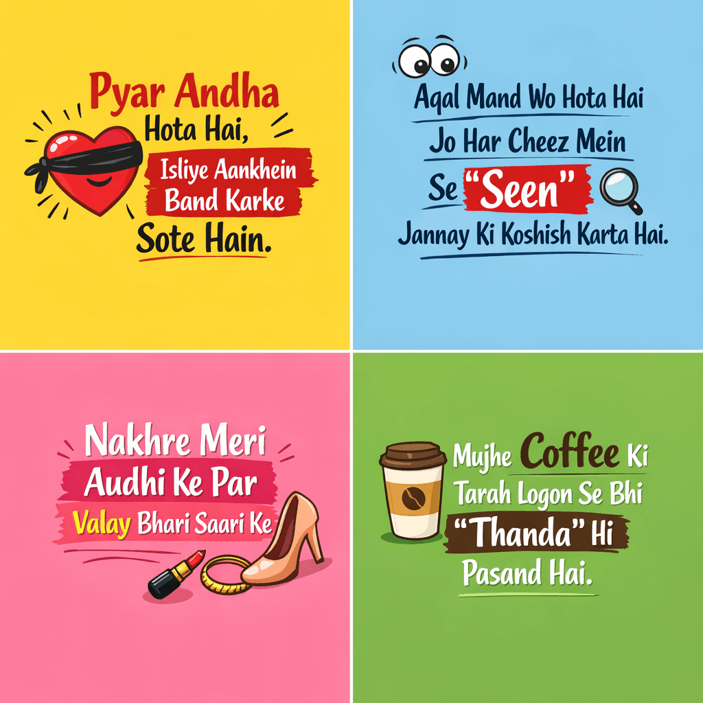 AI generated: MAKE AN IMAGES OF FUNNY QOUETS BACK GROUND SIMPLE COLOURS QOUTES WRRITEN IN ROMON URDU 