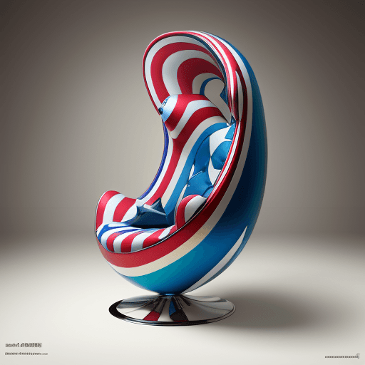 AI generated: Product photography, a colorful egg chair with Captain america striped pattern on it, in the style o...