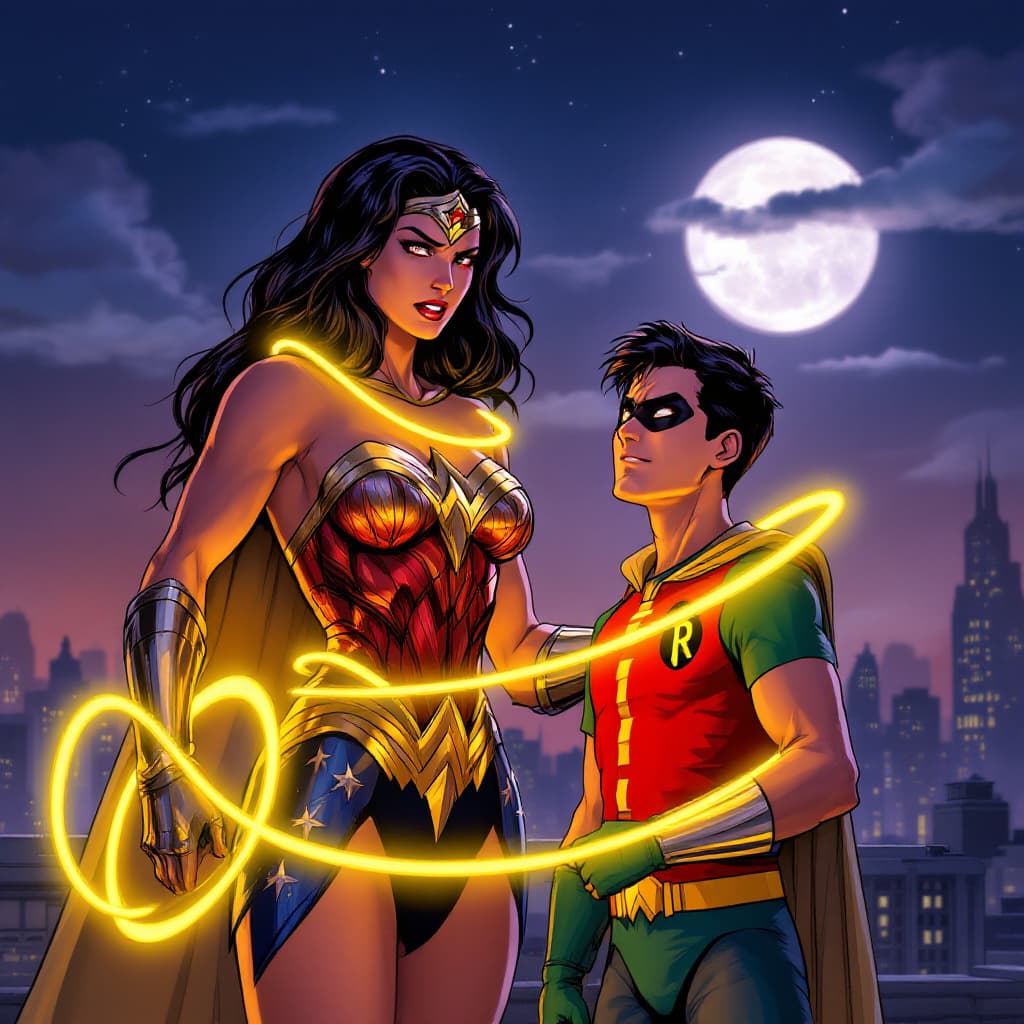 AI generated: Wonder Woman stands tall, her golden lasso glowing brightly as it coils tightly around Robin. The la...