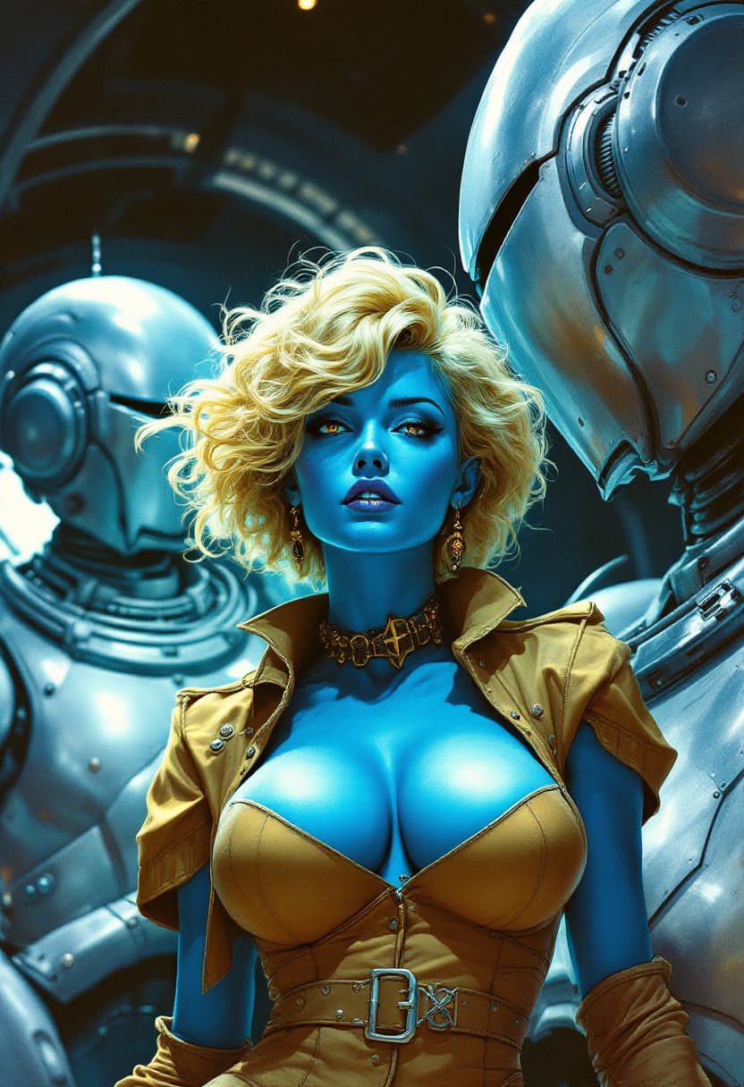 AI generated: A female blue-skinned space pirate with short, curly blonde hair, surrounded by large silver robots ...