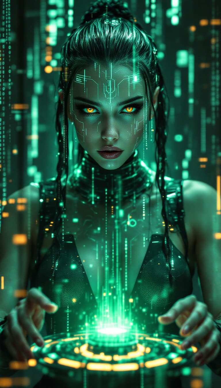 AI generated: Portrait of a futuristic cyberpunk hakerka, centered, surrounded by intricate network interfaces, in...