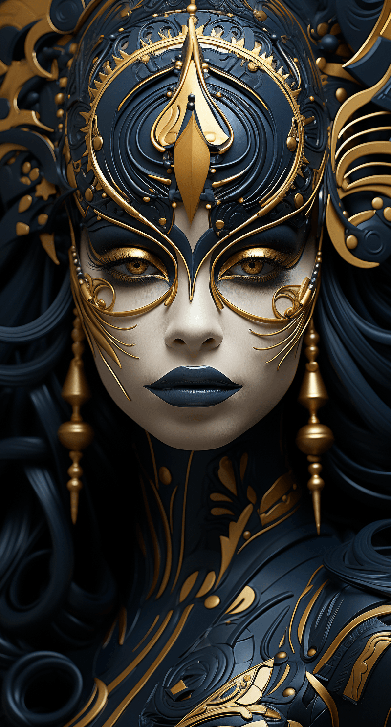 AI generated: a girl with face painting and a golden background is wearing makeup, absurd, creative, glamorous sur...