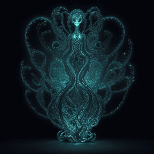 AI generated: A macabre masterpiece of bioluminescent nanotechnology unfolds before our eyes: a sculpture of swirl...
