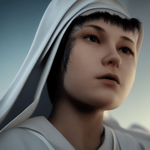 AI generated: Photo of a ultra realistic nun, dramatic light, pale sunrise, cinematic lighting, battered, low angl...