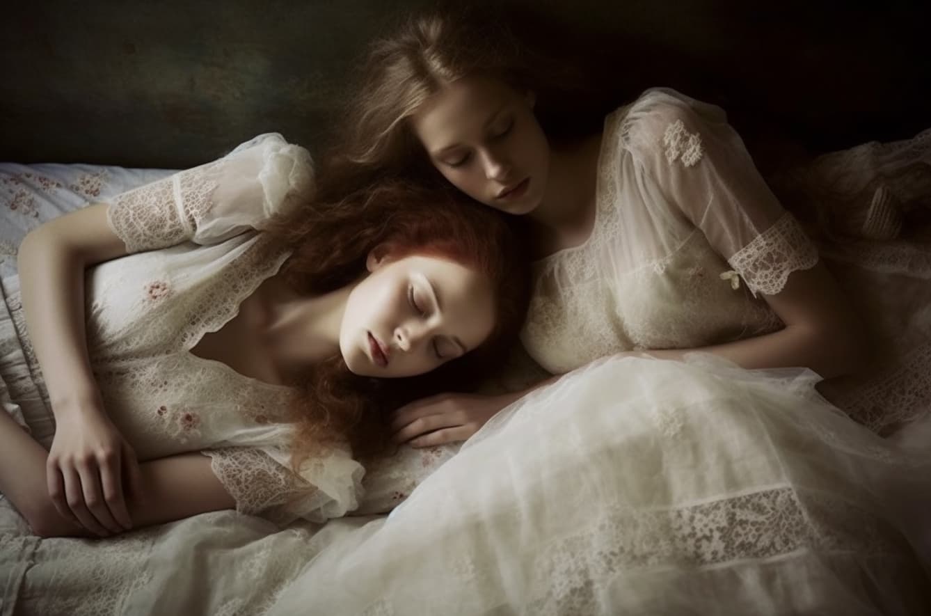 AI generated: a couple of women laying on top of a bed, style of paolo roversi, white lace clothing, beautiful gir...